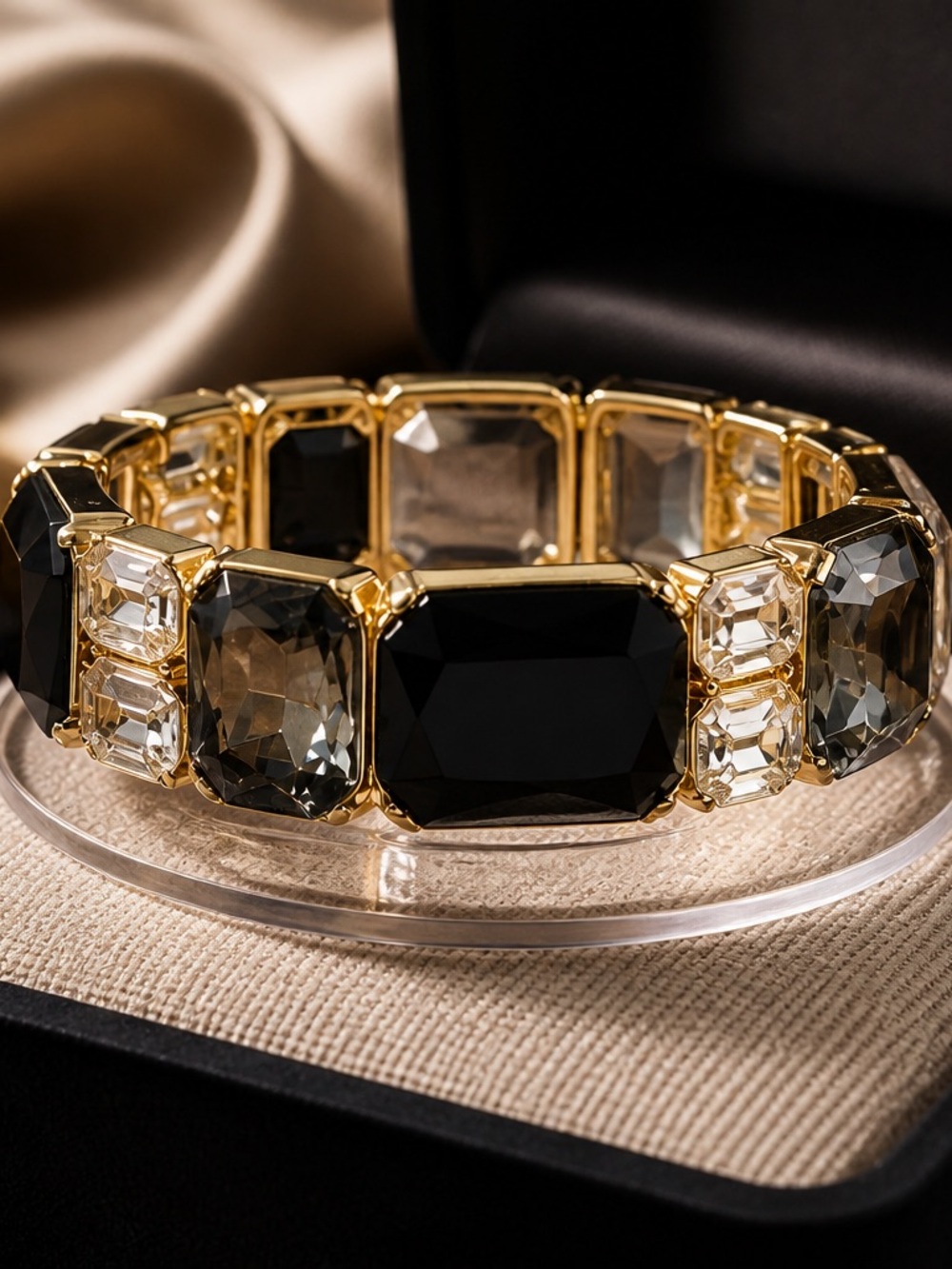 Gold Tone Black & Clear Glass Stone Stretch Bracele